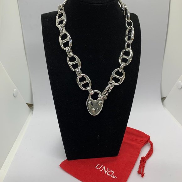 Uno de 50 Necklace Silver-plated Heavy Double Link Necklace Large Heart Lock - Picture 8 of 10